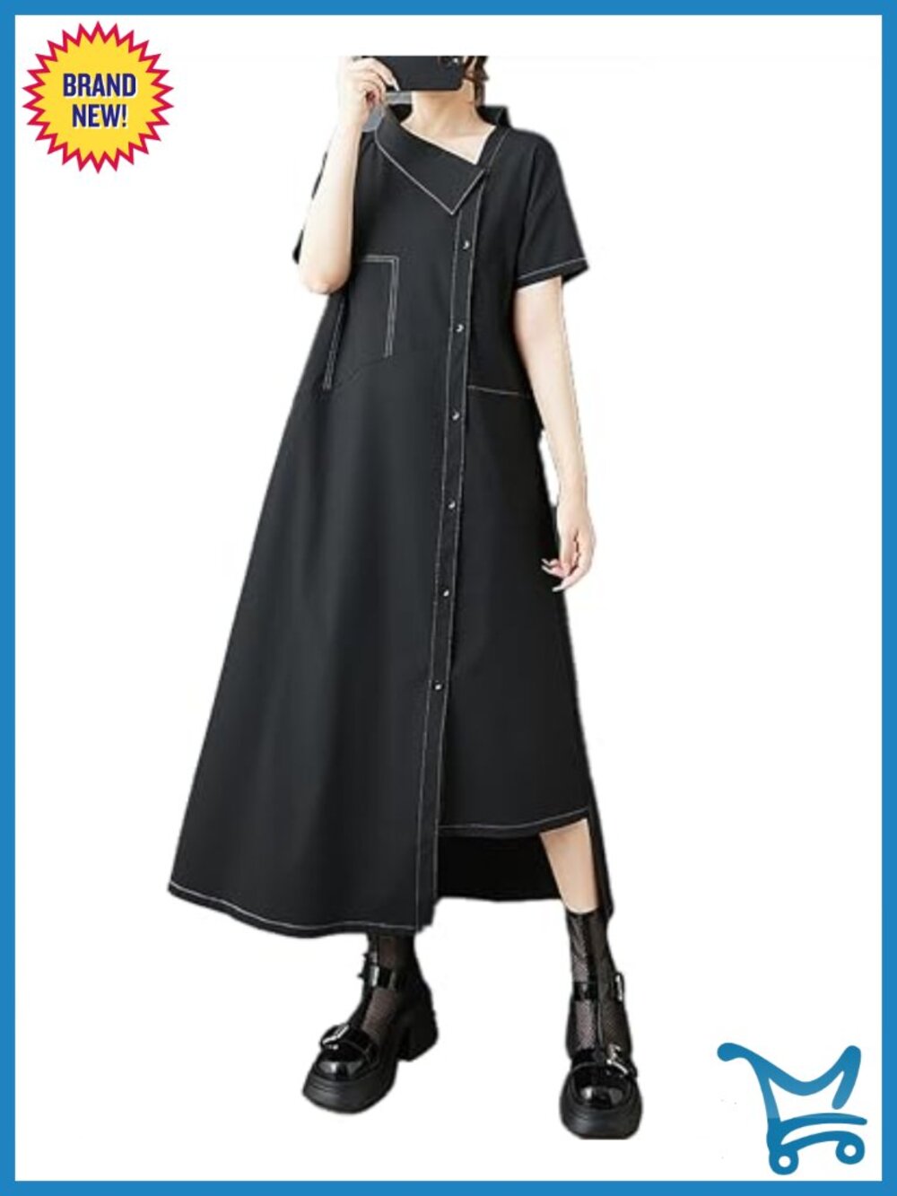 Women's Casual Cotton Blend Dress Cowlneck Short Sleeve Irregular Hem Button